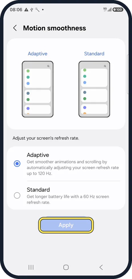 Android screenshot: Tap Apply