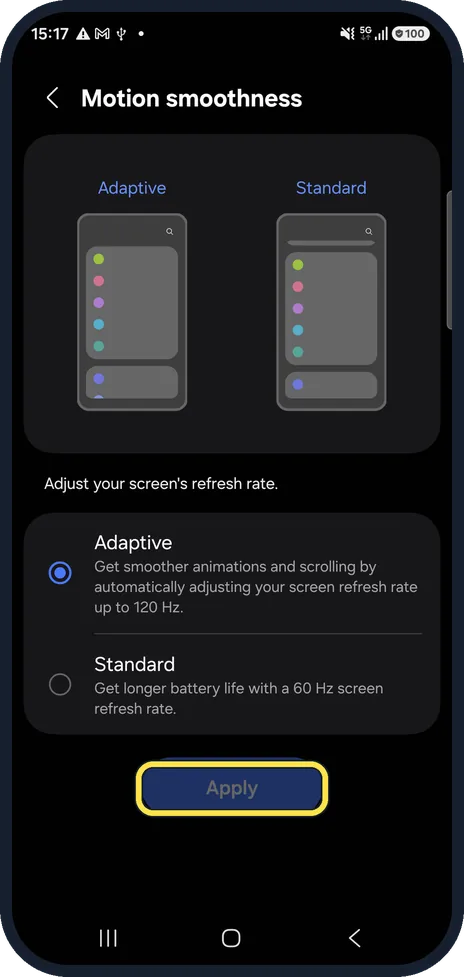 Android screenshot: Tap Apply
