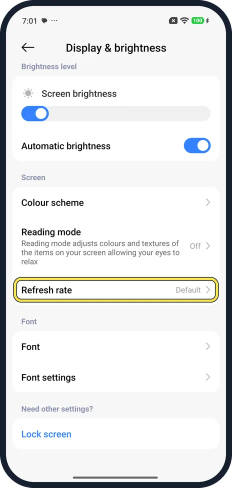 Android screenshot: Open Refresh rate