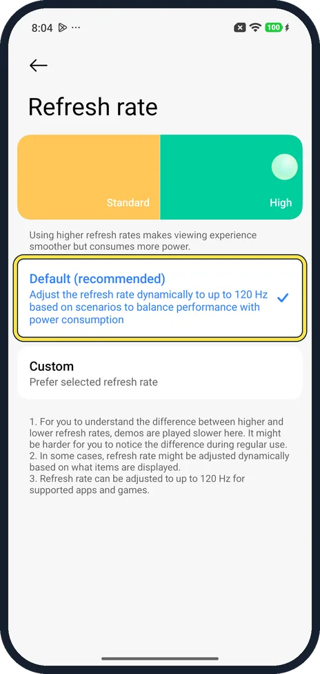 Android screenshot: Keep Default for up to 120 Hz