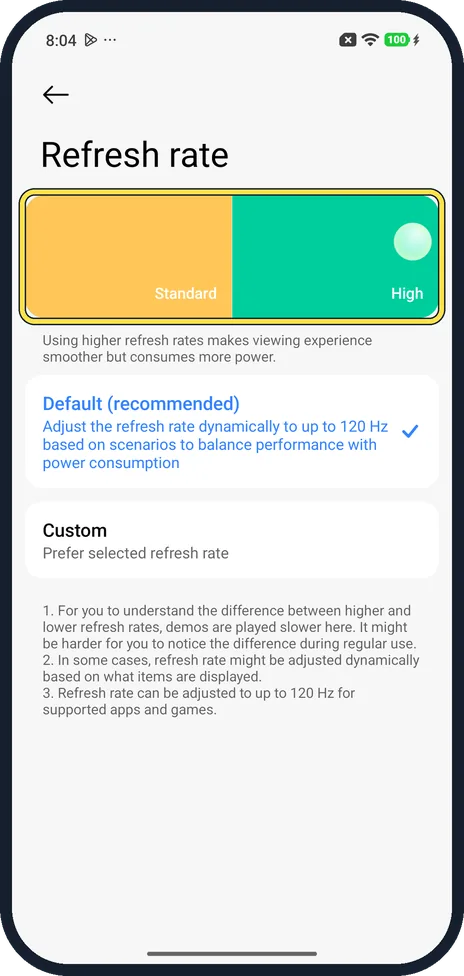 Android screenshot: Compare Standard and High