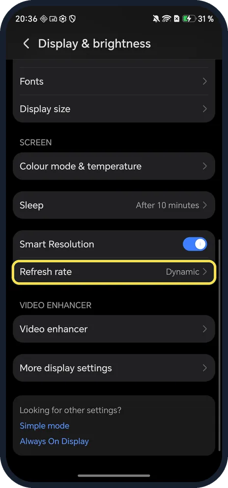 Android screenshot: Tap Refresh rate