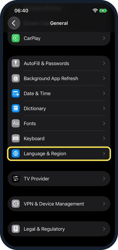 iPhone screen: Tap Language & Region