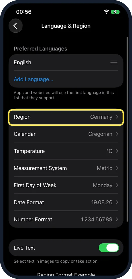iPhone screen: Tap Region