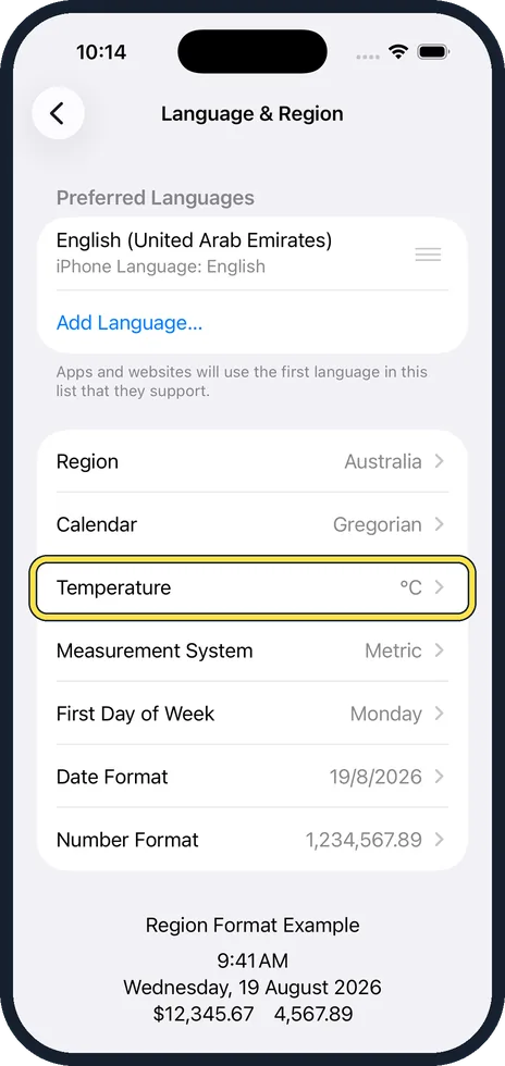 iPhone screen: Set the temperature unit