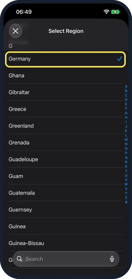 iPhone screen: Choose your country