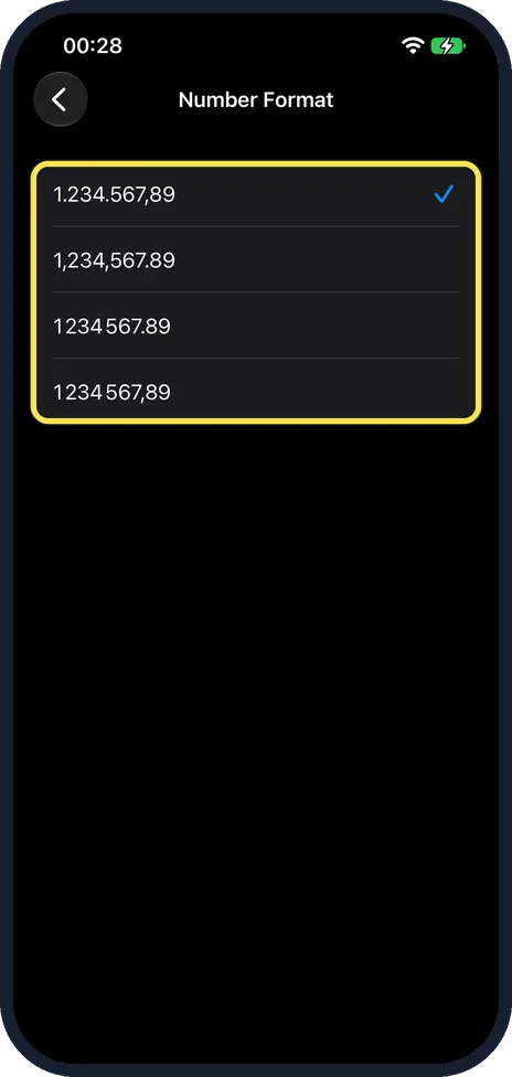 iPhone screen: Optional: change the number format