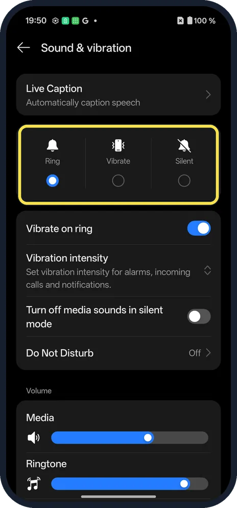 Screenshot from the guide: How to change the ringtone and vibration on a OnePlus (OxygenOS 16)