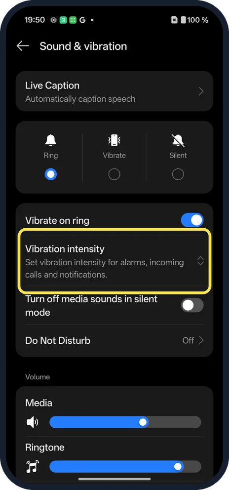 Android screenshot: Tap Vibration intensity