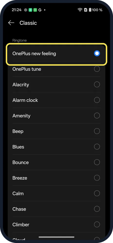 Android screenshot: Tap a ringtone