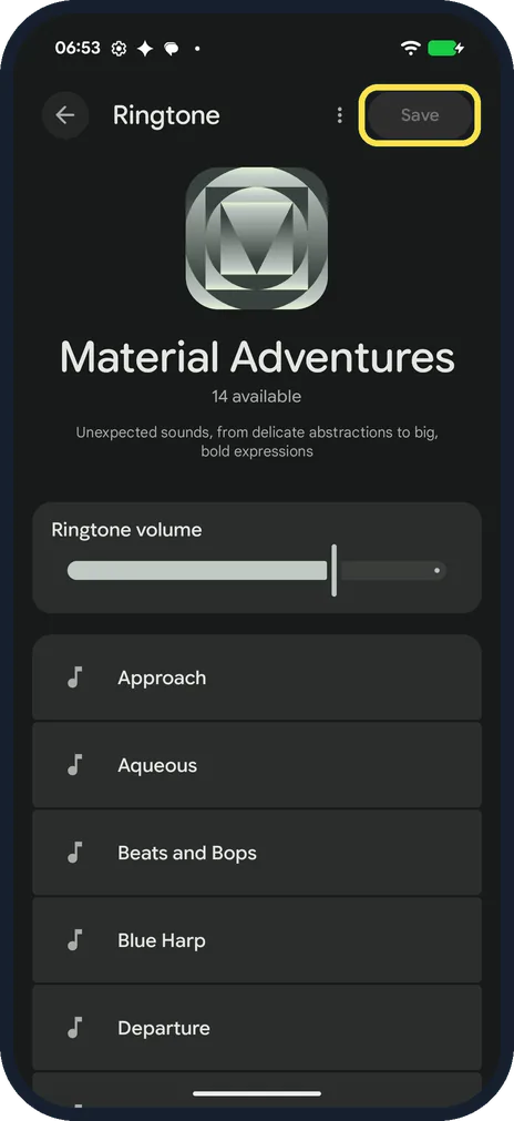 Android screenshot: Pick a sound and tap Save