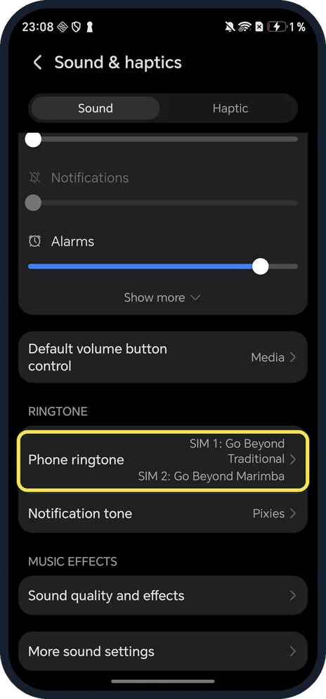 Android screenshot: Tap Phone ringtone