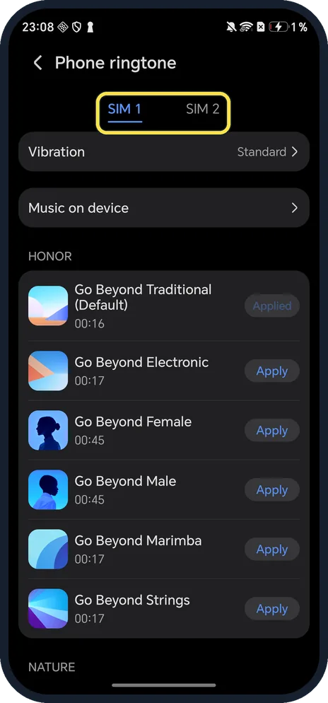 Android screenshot: Pick SIM 1 or SIM 2