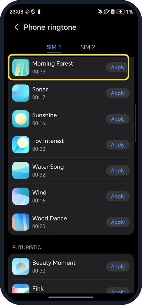 Android screenshot: Tap Apply next to a tone