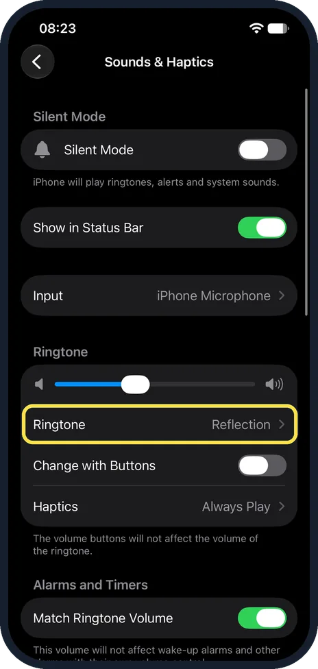 iPhone screen: Tap Ringtone