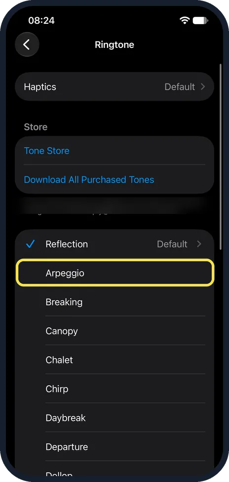 iPhone screen: Tap a tone to try it