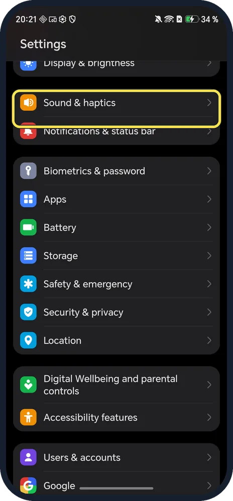 Android screenshot: Open Sound & haptics