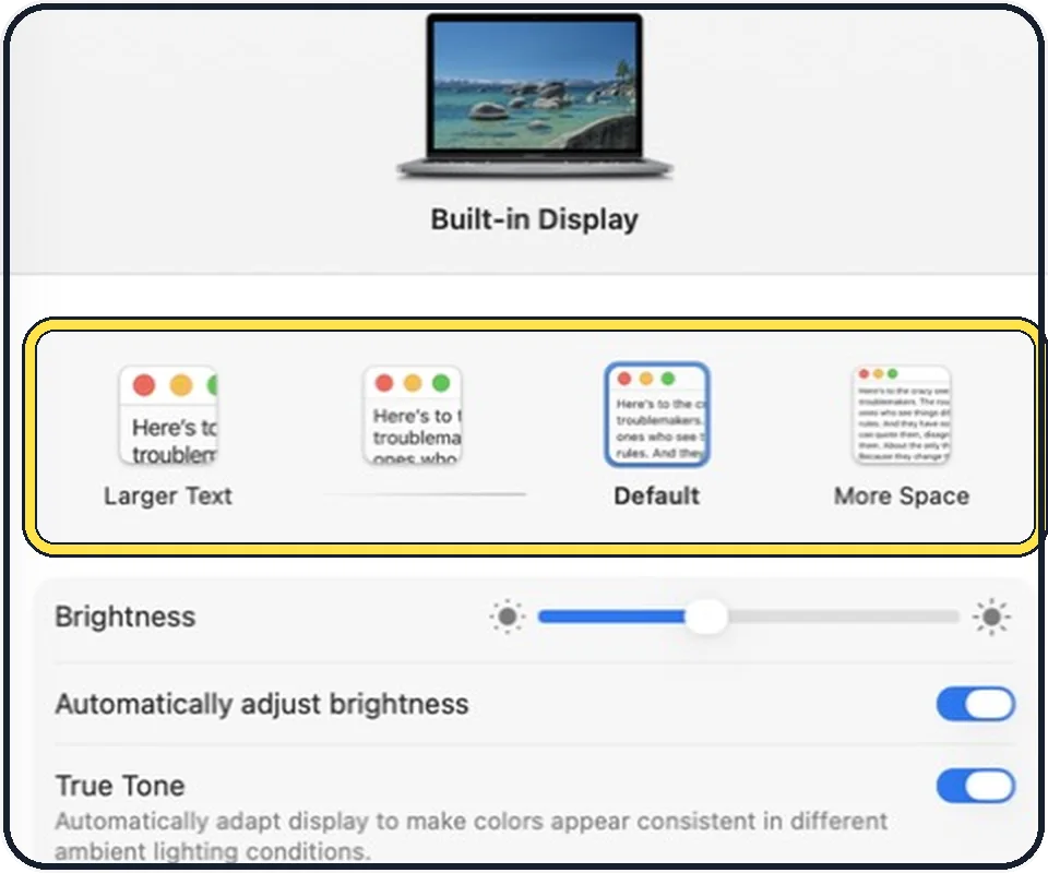 Part of the Mac System Settings window: Click a resolution