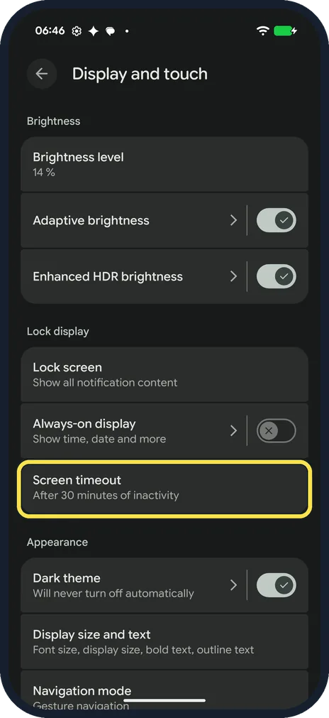 Android screenshot: Open Screen timeout