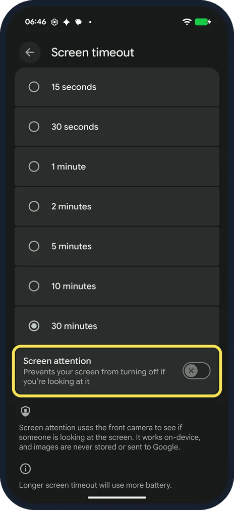 Android screenshot: Screen attention