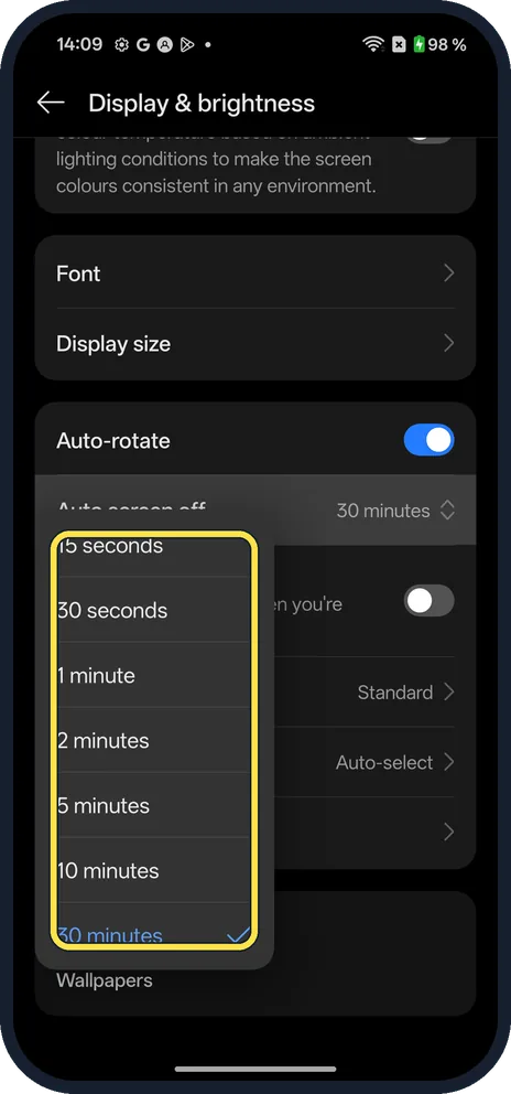 Android screenshot: Pick a time