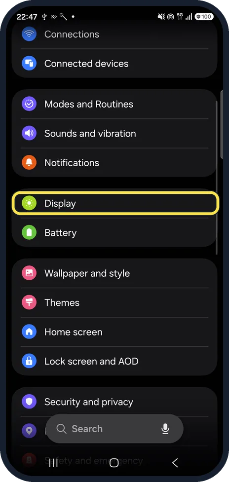 Android screenshot: Open Display