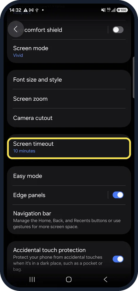 Screenshot from the guide: How to change the screen timeout on a Samsung Galaxy phone