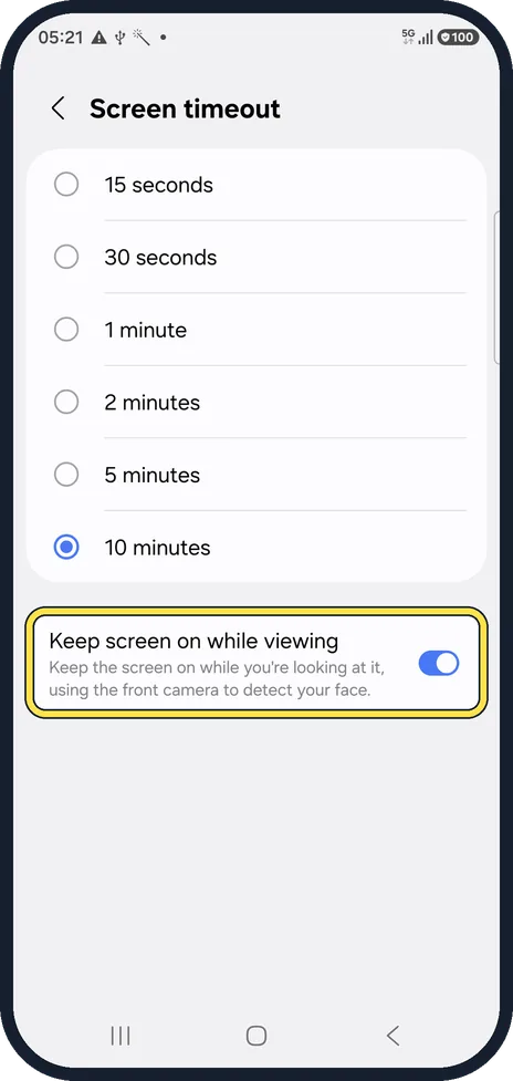 Android screenshot: Keep the screen on while you look at it