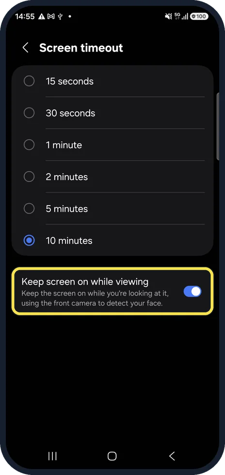 Android screenshot: Keep the screen on while you look at it