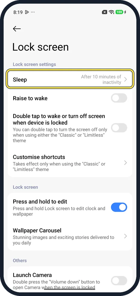 Android screenshot: Tap Sleep