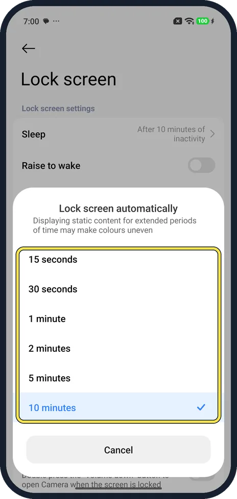 Android screenshot: Pick a time