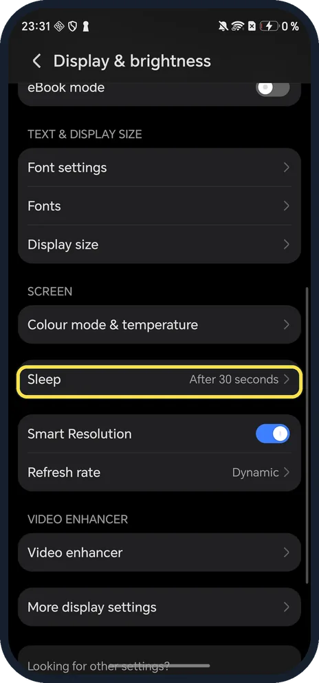 Android screenshot: Tap Sleep