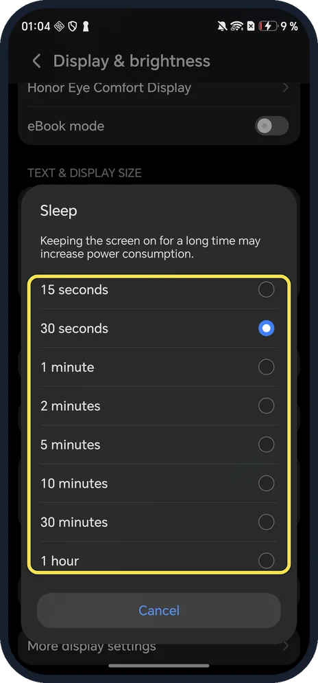 Android screenshot: Pick a time