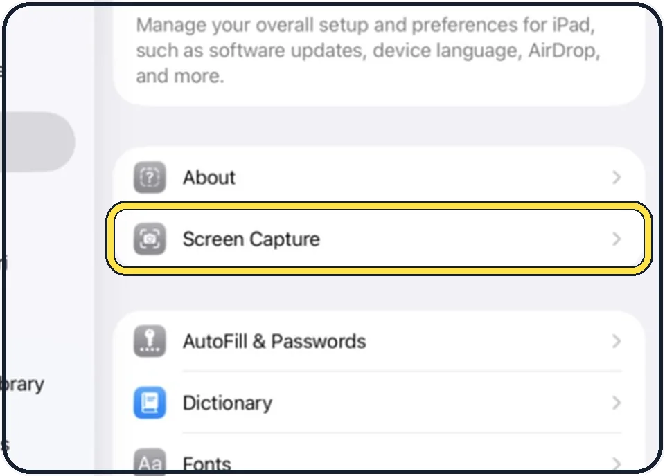 iPad screenshot: Tap General, then Screen Capture