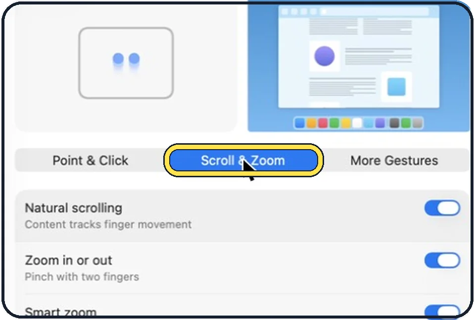 Part of the Mac System Settings window: Click the Scroll & Zoom tab