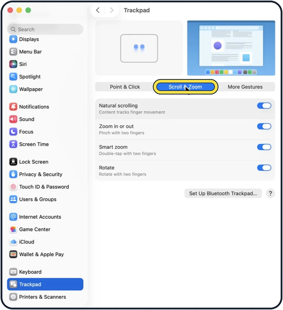 Mac screenshot: Click the Scroll & Zoom tab