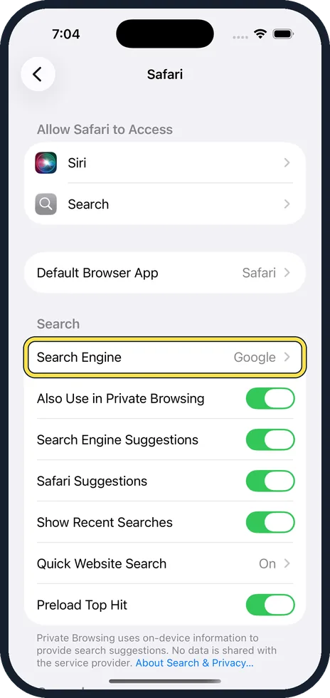 iPhone screen: Tap Search Engine