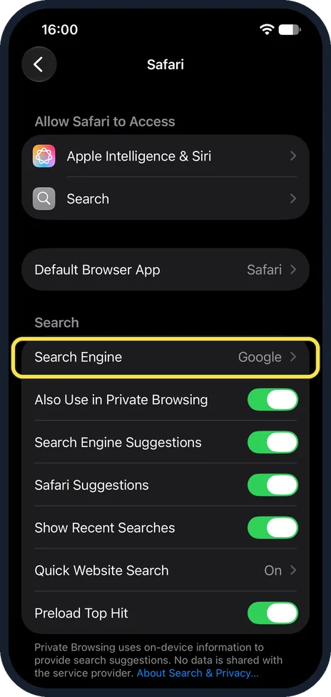 iPhone screen: Tap Search Engine