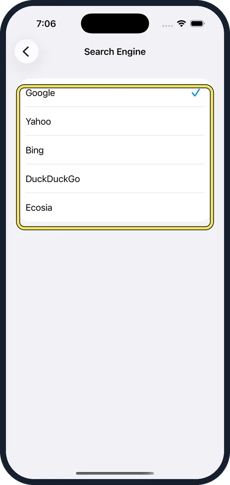 iPhone screen: Tap the search engine you want