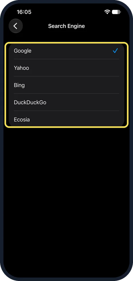 iPhone screen: Tap the search engine you want