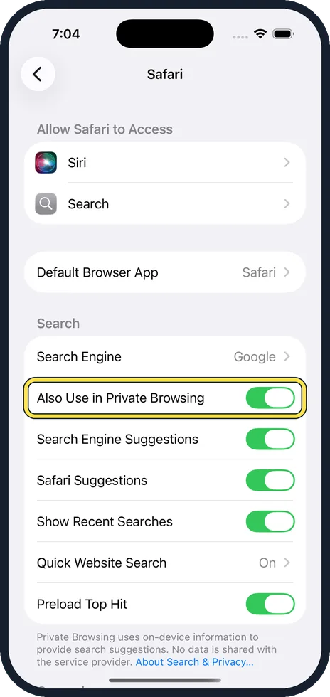iPhone screen: Choose separately for Private Browsing if you like