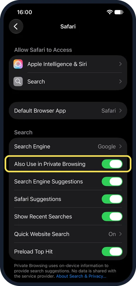 iPhone screen: Choose separately for Private Browsing if you like