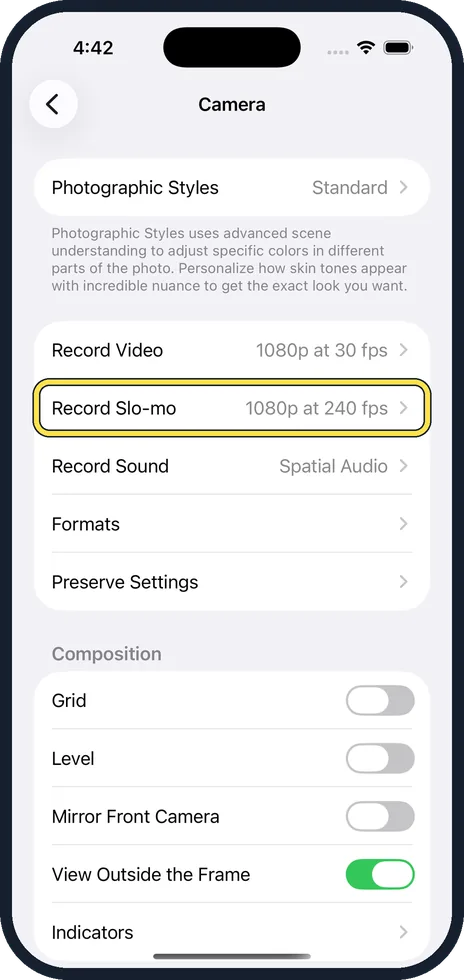 iPhone screen: Tap Record Slo-mo