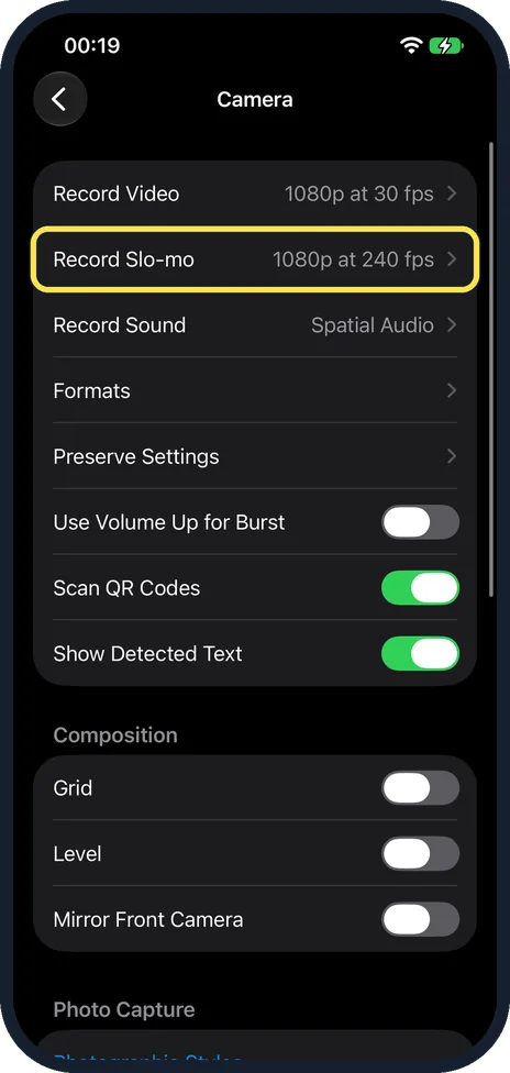 iPhone screen: Tap Record Slo-mo