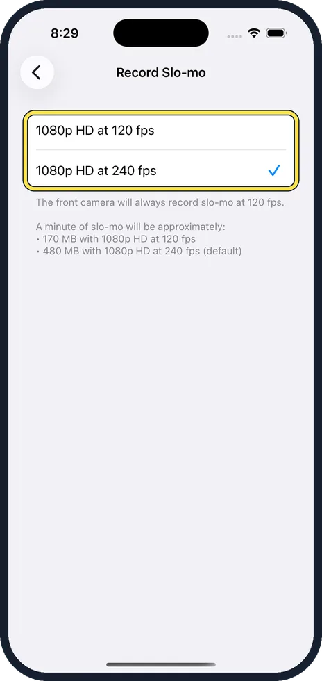 iPhone screen: Tap the frame rate