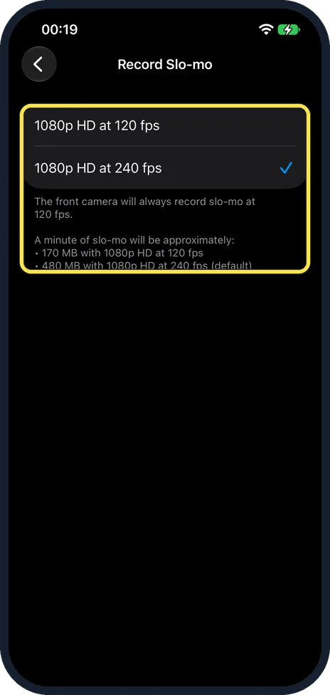 iPhone screen: Tap the frame rate