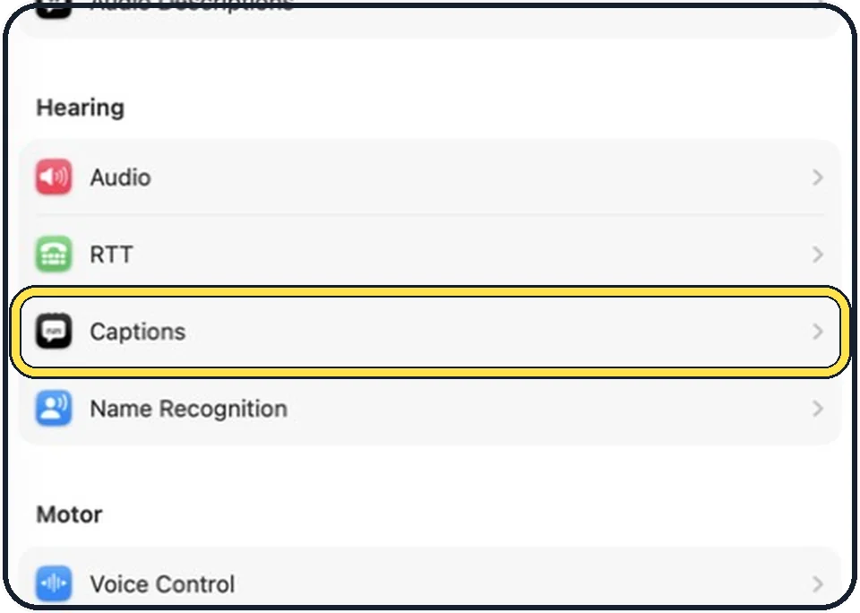 Mac screenshot: Click Accessibility, then Captions