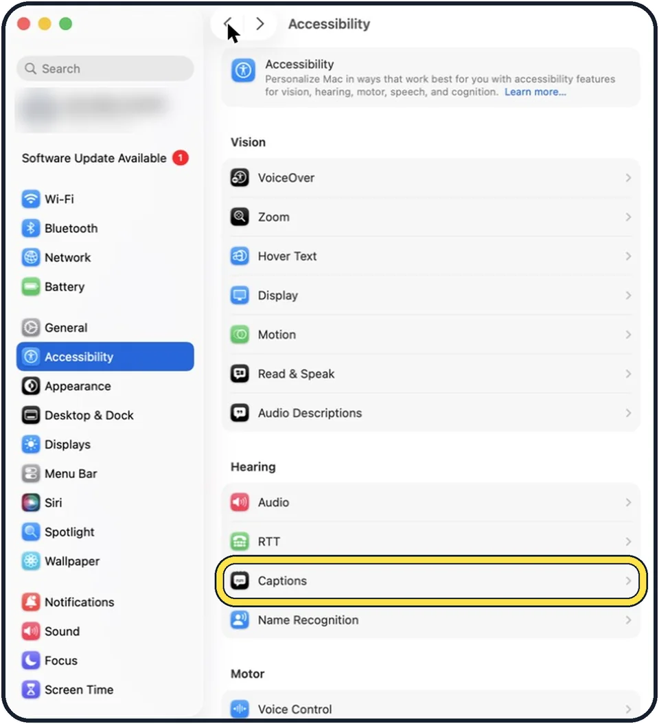 Mac screenshot: Click Accessibility, then Captions