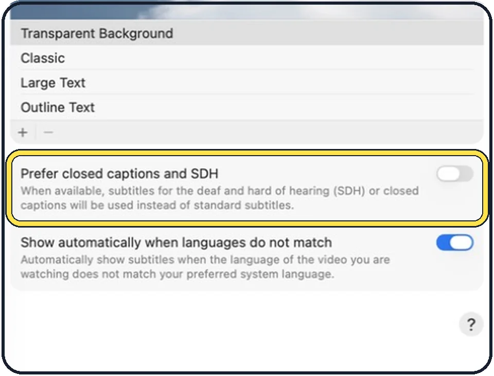 Mac screenshot: Prefer closed captions