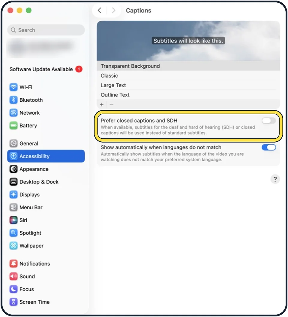 Mac screenshot: Prefer closed captions